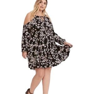 Torrid Black/Multi Floral Cold Shoulder Elastic Waist Dress Size 1